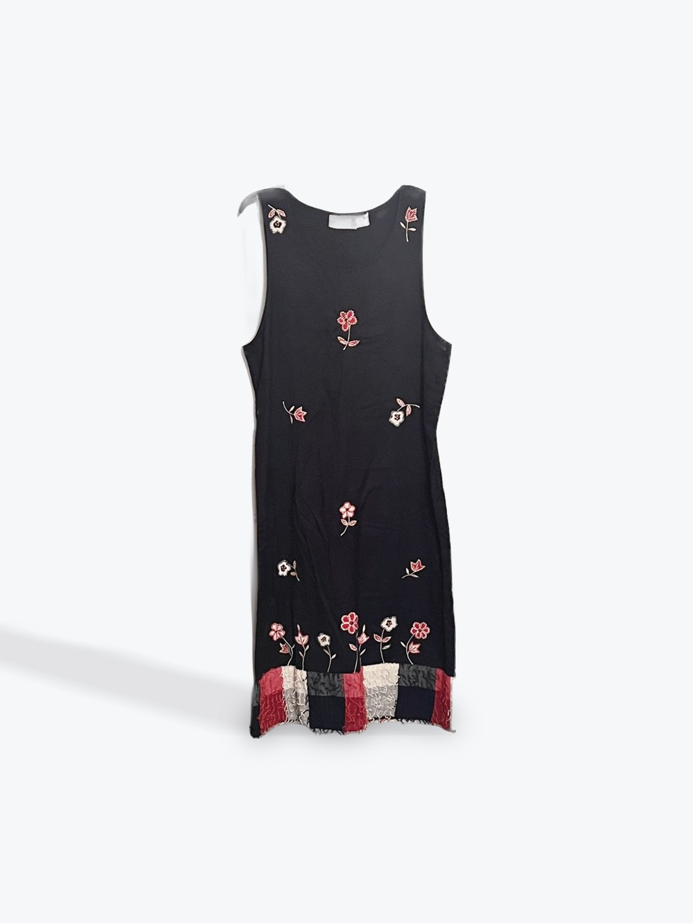 Black Sleeveless Midi Dress with Pink Floral Embroidery and Fringe Hem